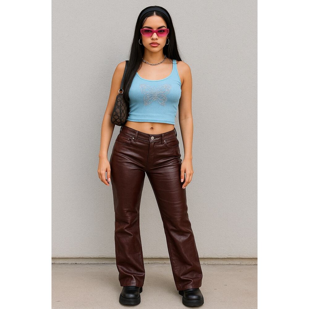 Y2K Gap Chocolate Brown Pure Genuine Leather Western Boot Cut Pants Size 8